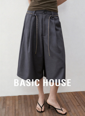 Basic House/百家好简约风高腰阔腿裤女夏灰色松弛感垂坠休闲短裤