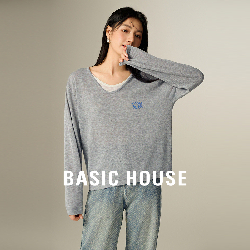 Basic House/百家好假两件撞色套头针织衫春季高级感长袖上衣2025