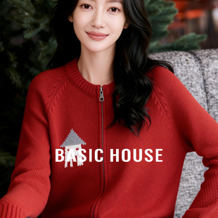 百家好萌趣提花针织开衫红色毛衣外套女冬季新款减龄刺绣冬装上衣