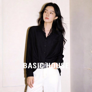 女士蕾丝拼接宽松显瘦气质长袖 新款 上衣 春夏季 百家好黑色扭结衬衫