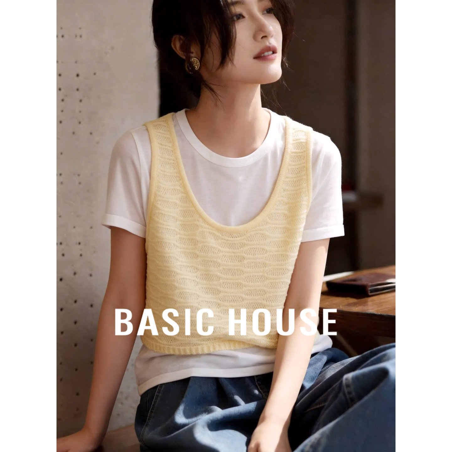 Basic House/百家好夏季简约拼接撞色假两件设计感短袖圆领针织衫
