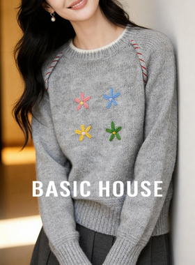 Basic House/百家好花朵刺绣灰色毛衣女冬季新款休闲韩系针织毛衫