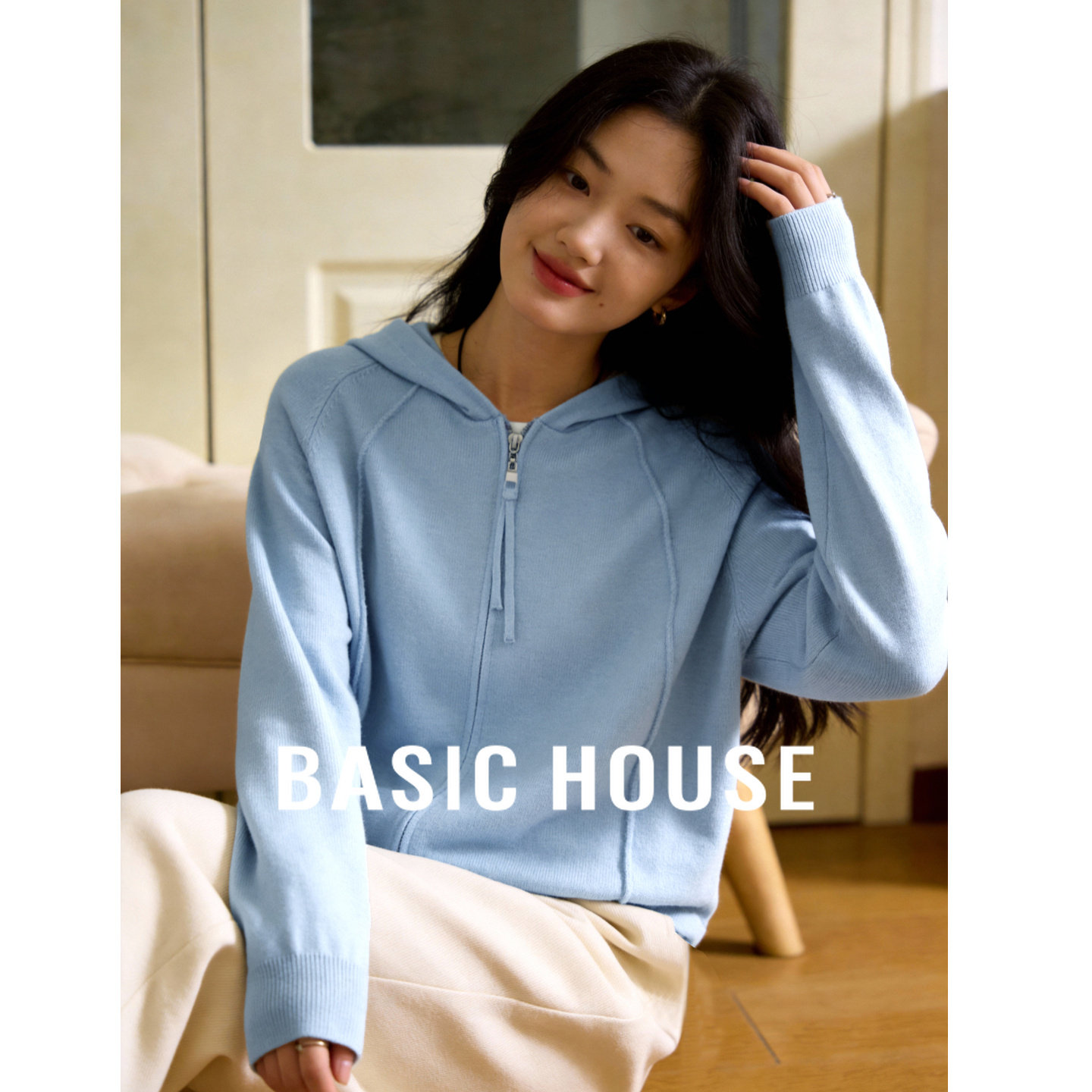 百家好2026春季浅蓝连帽针织衫女宽松拉链开衫休闲显瘦卫衣式外套