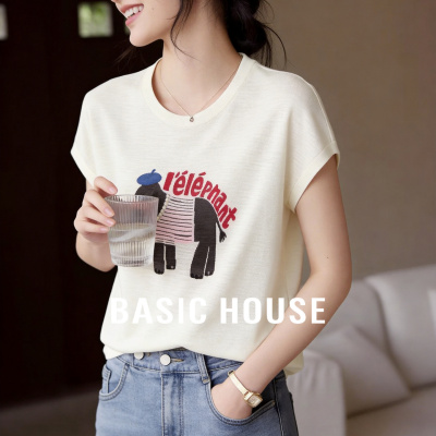 Basic House/百家好卡通大象针织短袖夏季新款宽松显瘦减龄上衣女