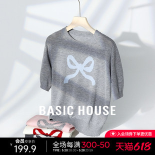 女夏季 Basic 百家好绵羊毛圆领针织衫 上衣 House 甜美风蝴蝶结短袖