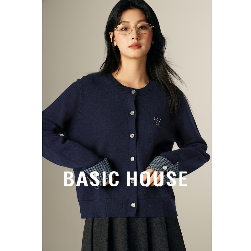 Basic House/百家好2025春冬翻边针织衫韩版圆领格子拼接短款开衫