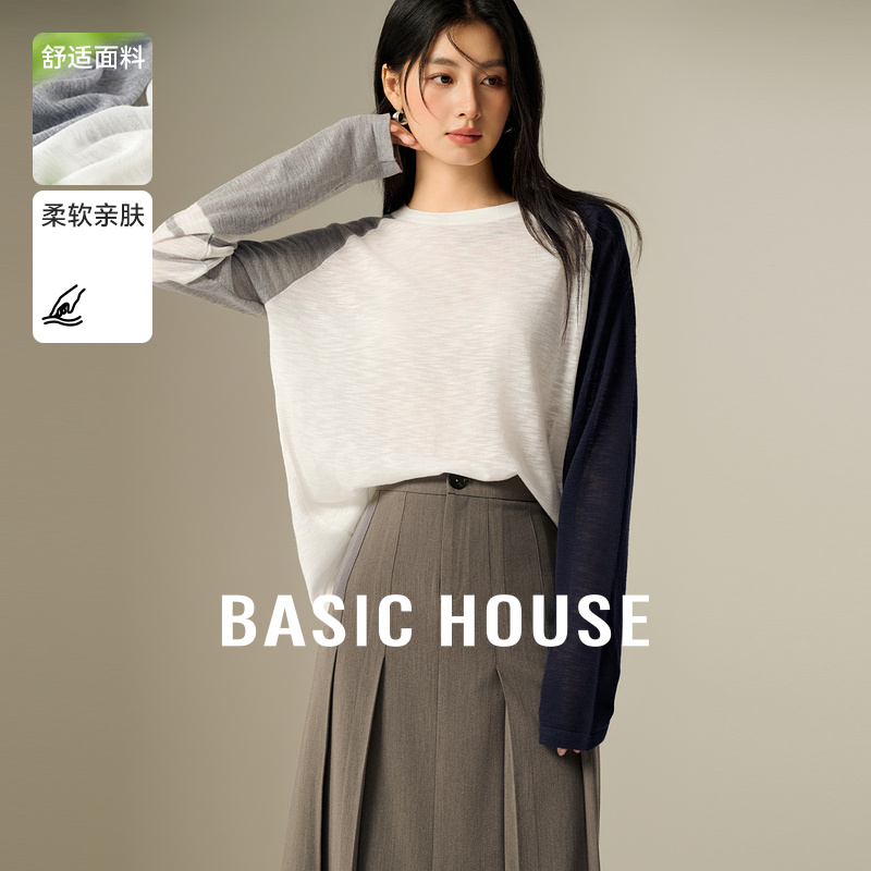 Basic House/百家好复古撞色拼接针织衫秋季小众长袖宽松上衣2025
