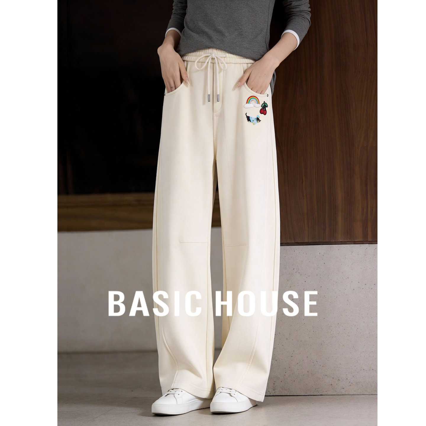 Basic House/百家好加绒加厚卫裤女米白色宽松直筒松紧腰抽绳长裤,女装/女士精品,休闲裤,淘宝优惠券,粉丝福利购,淘宝优惠卷