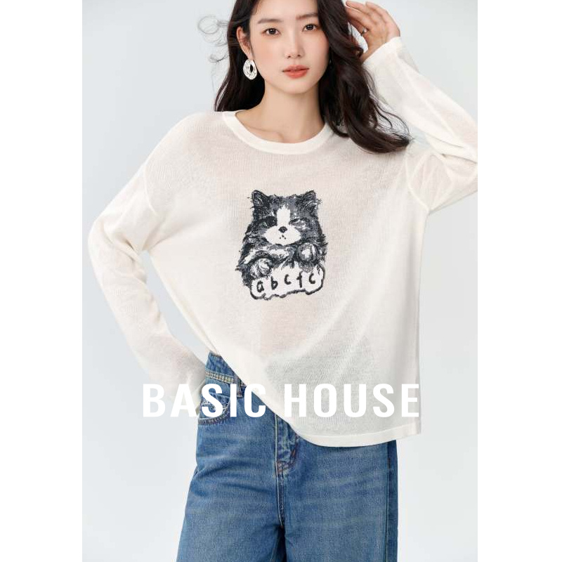 Basic House/百家好猫咪字母印花针织衫秋季新款莱赛尔休闲上衣女