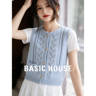 百家好温柔风镂空麻花针织马甲女早春圆领口袋背心叠穿外穿上衣