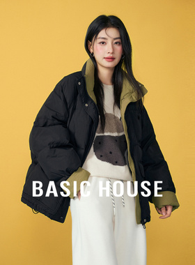 Basic House/百家好撞色90白鸭绒羽绒服女冬季保暖短款面包服外套
