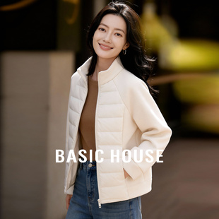 Basic House/百家好立领轻薄米白色羽绒服女冬保暖可内搭短款上衣