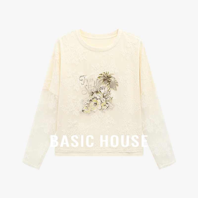 Basic House/百家好蕾丝拼接设计感宽松夏季新款透气圆领T恤衫女