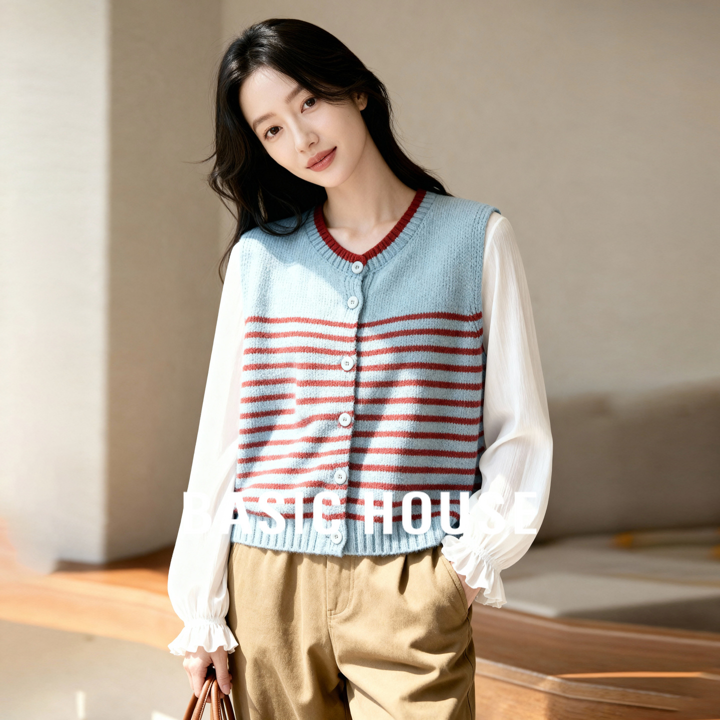 条纹针织马甲 叠穿学院风