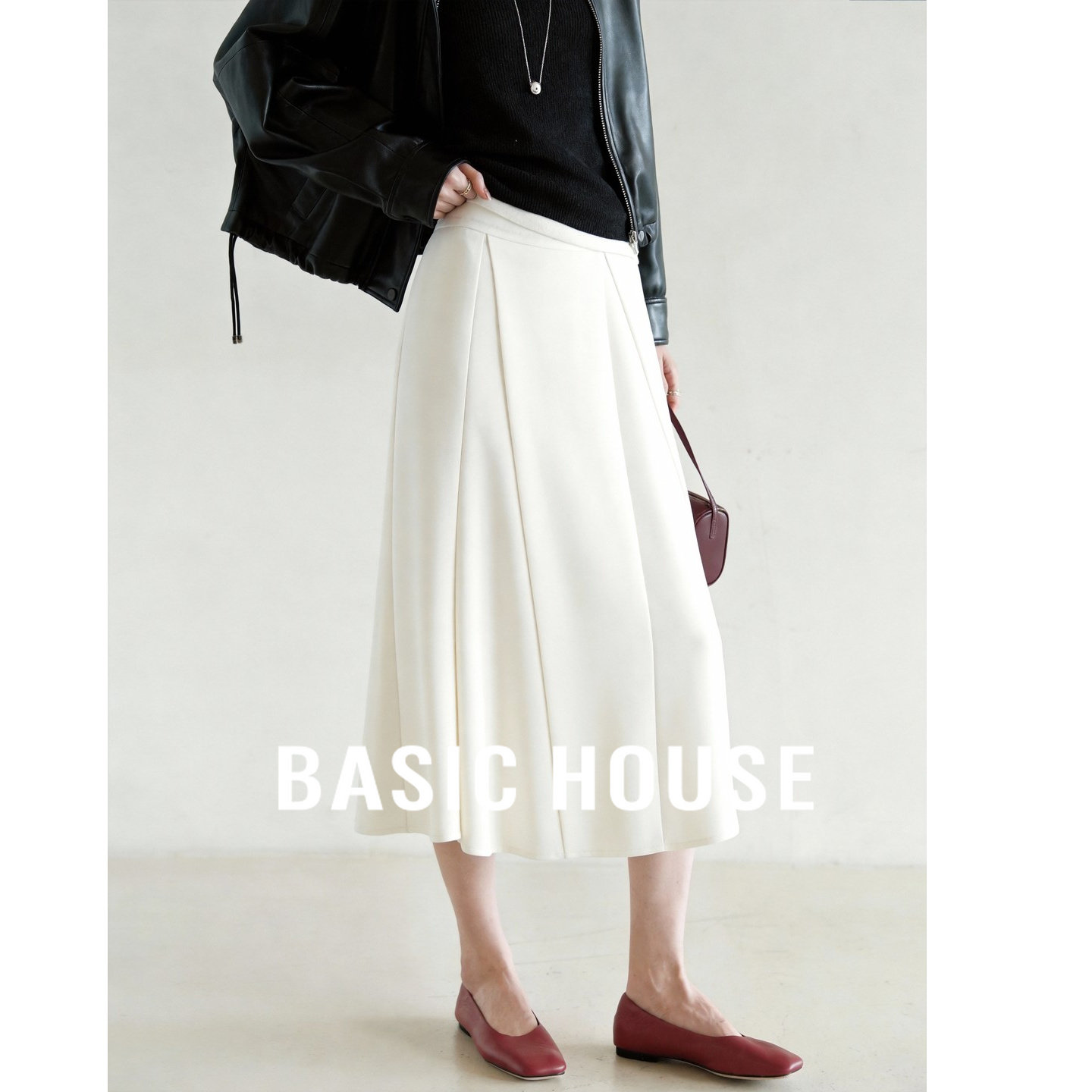 Basic House/百家好法式白色半身裙女春新款莱赛尔中腰A字中长裙