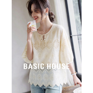 高级花边下摆短袖 Basic 夏季 百家好莱赛尔提花镂空衬衫 上衣 House