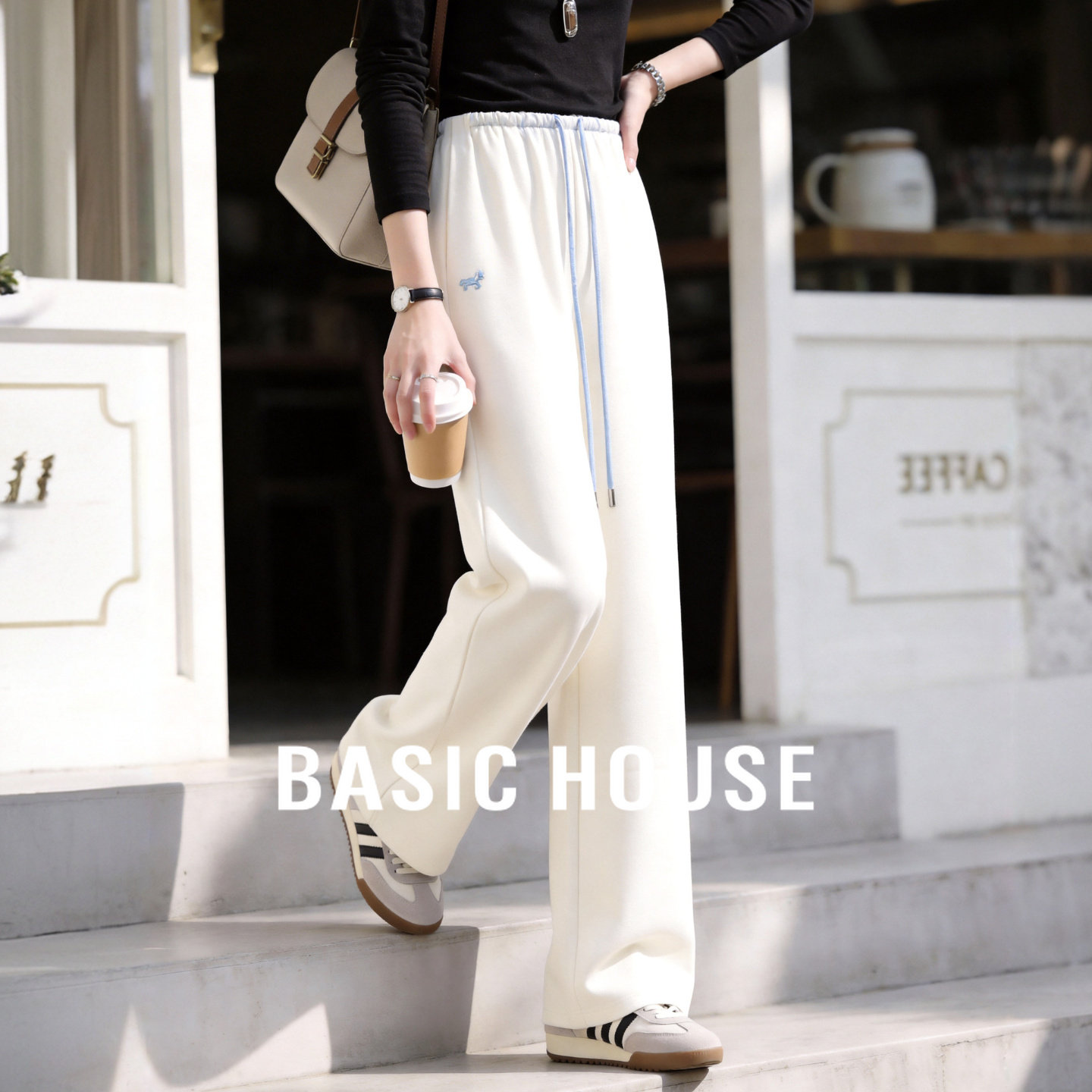 Basic House/百家好休闲慵懒风抽绳直筒裤女夏宽松垂感显瘦阔腿裤