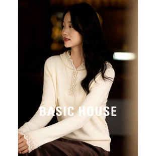 珍珠装 百家好米白蕾丝领花边袖 新款 女春季 饰连帽毛衣 绵羊毛针织衫