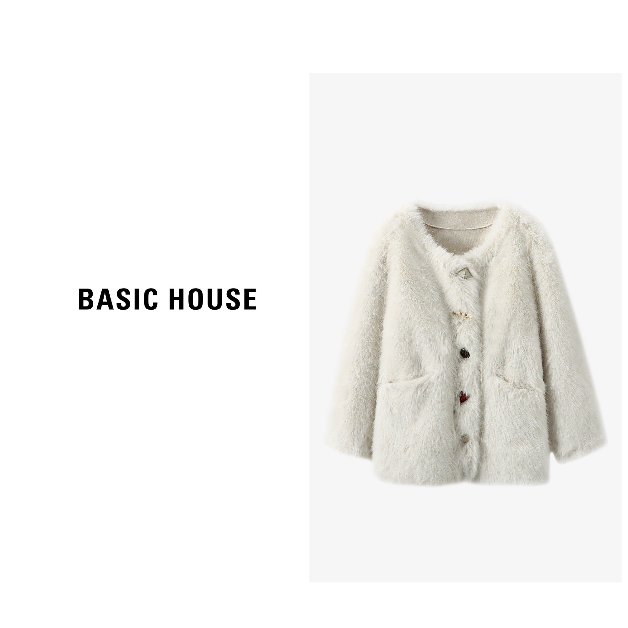 Basic House/百家好彩扣仿狐狸毛环保皮草女冬季气质圆领毛毛外套