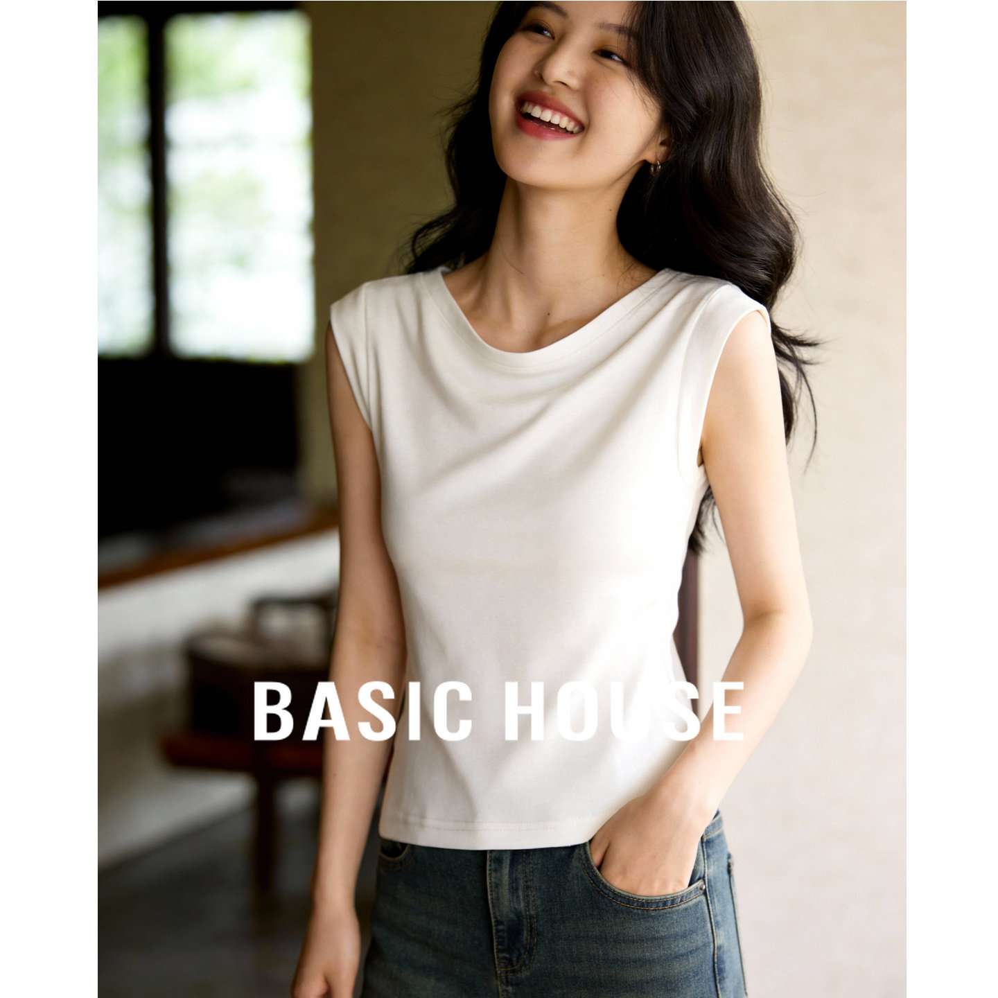 Basic House/百家好莱赛尔桑蚕丝短袖T恤女夏季宽松圆领薄款面膜t