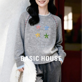 慵懒针织内搭上衣 百家好花朵刺绣圆领灰色毛衣女春季 Basic House