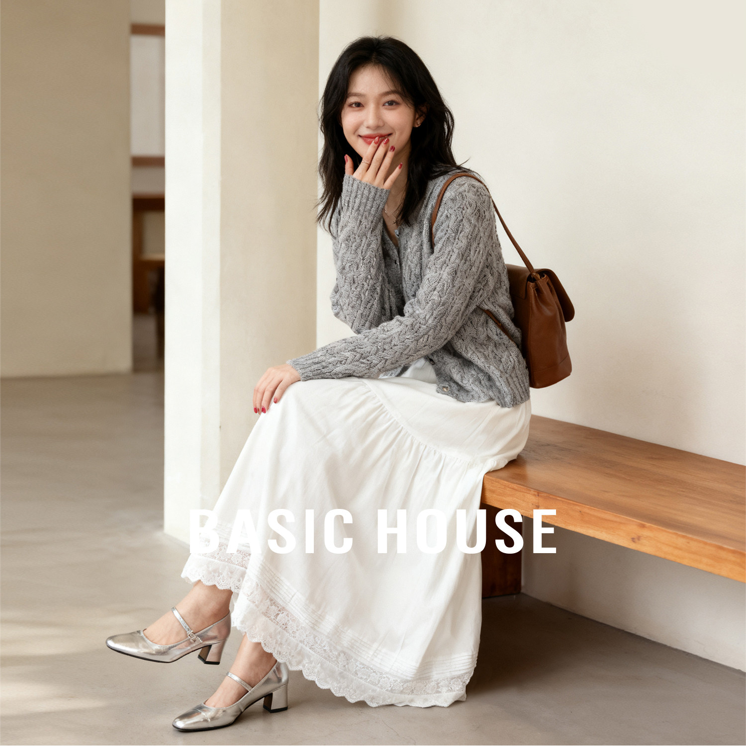 Basic House/百家好优雅半身裙25秋冬多层拼接花边蕾丝设计感裙子