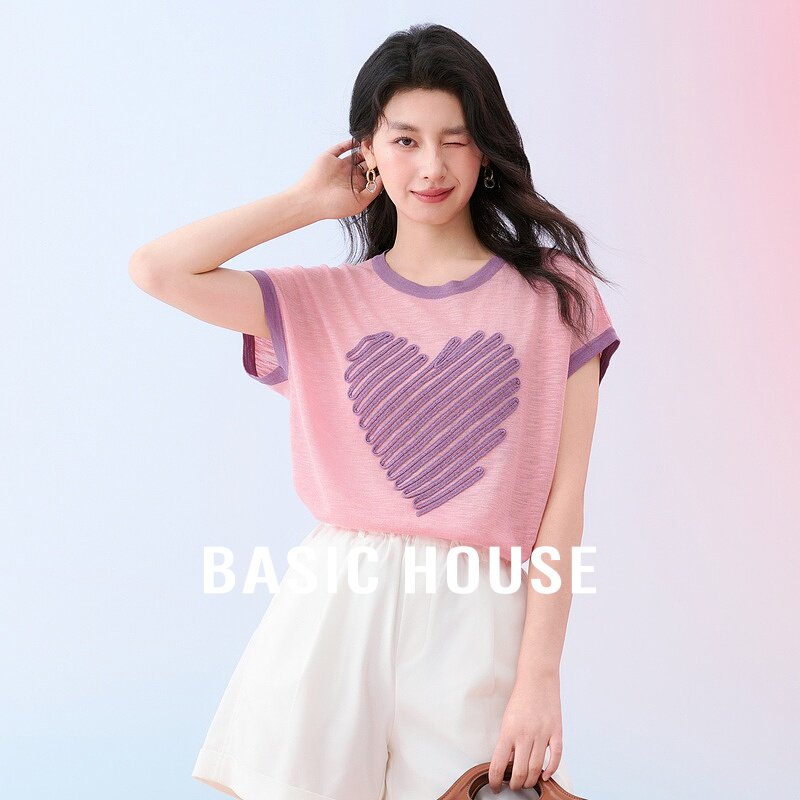 Basic House/百家好甜美撞色爱心针织衫女夏新款圆领宽松短袖上衣