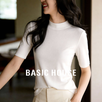 Basic House/百家好半高领短袖T恤女春季新款宽松打底叠穿短上衣