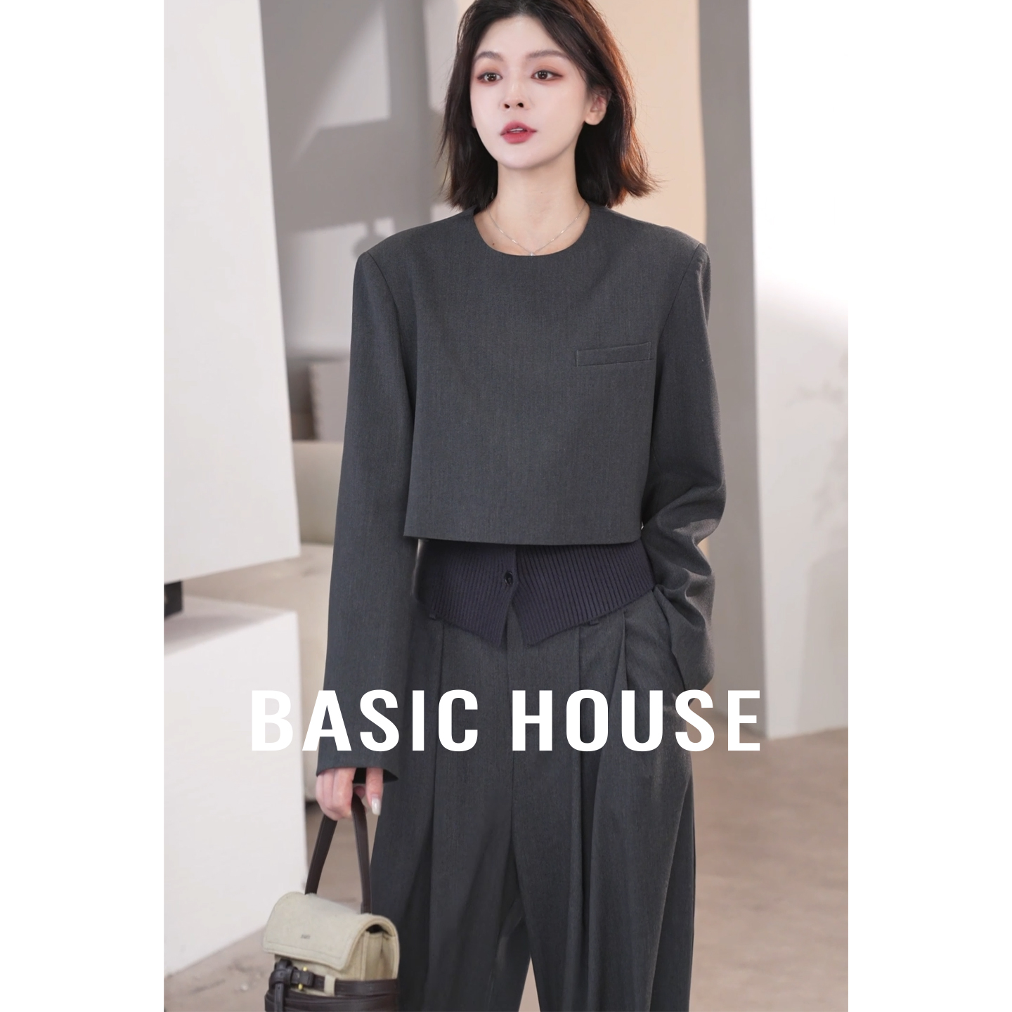 Basic House/百家好高级感套装女假两件拼接上衣高腰阔腿裤两件套