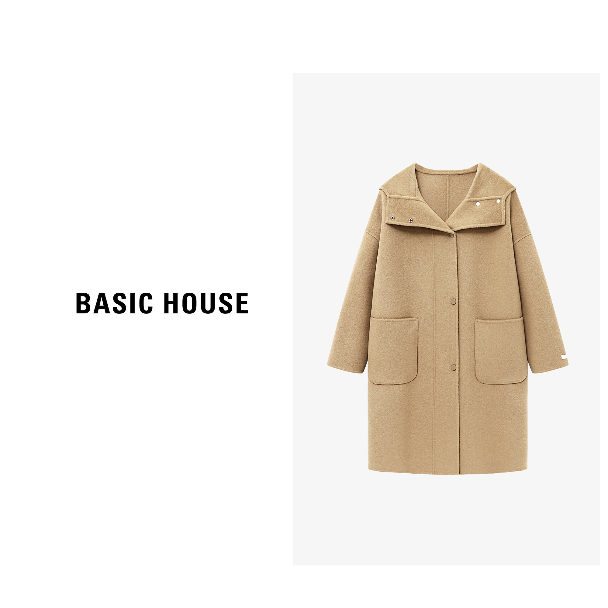 Basic House/百家好绵羊毛100%中长款双面呢大衣女冬季气质风外套