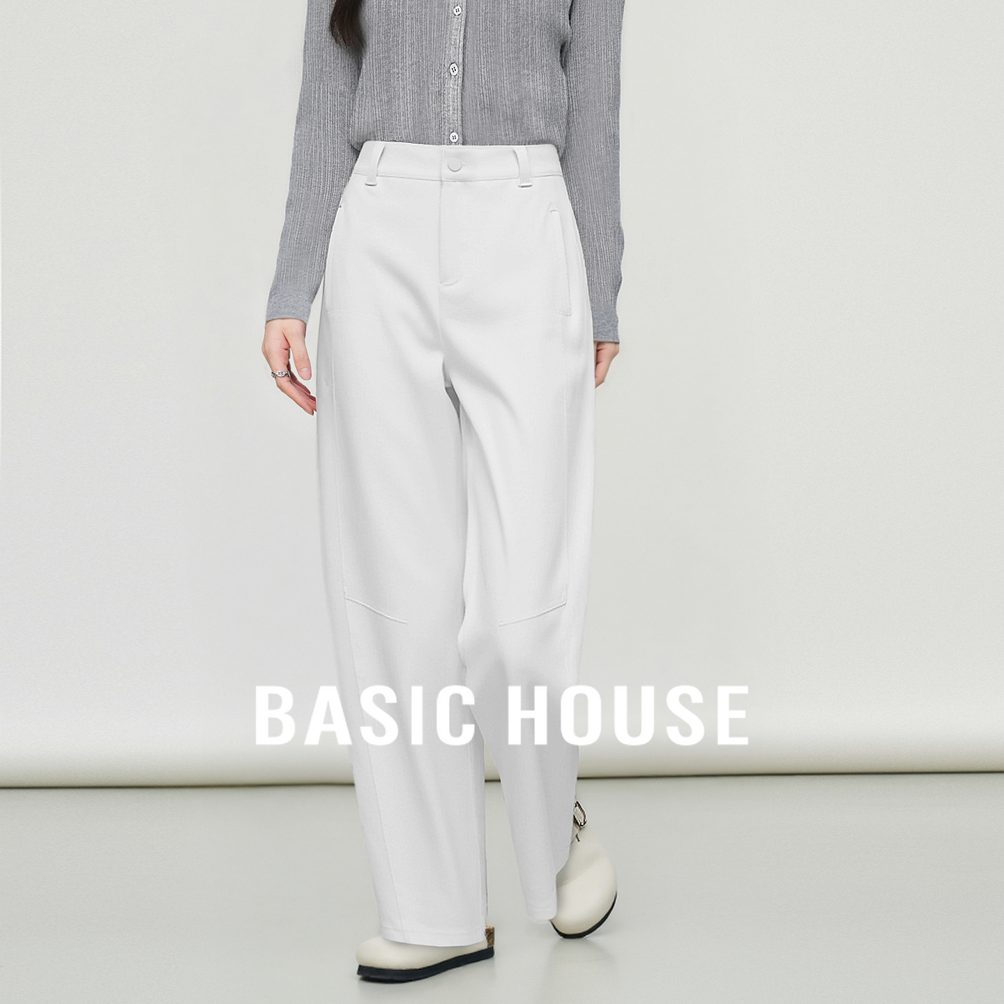 Basic House/百家好休闲简约长裤秋冬新款舒适百搭高腰显瘦弯刀裤