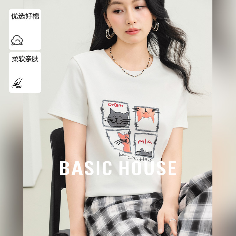 Basic House/百家好美式百搭猫咪个性印花设计感夏季新款短袖T恤