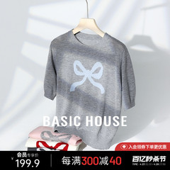 Basic House/百家好绵羊毛圆领针织衫女夏季甜美风蝴蝶结短袖上衣