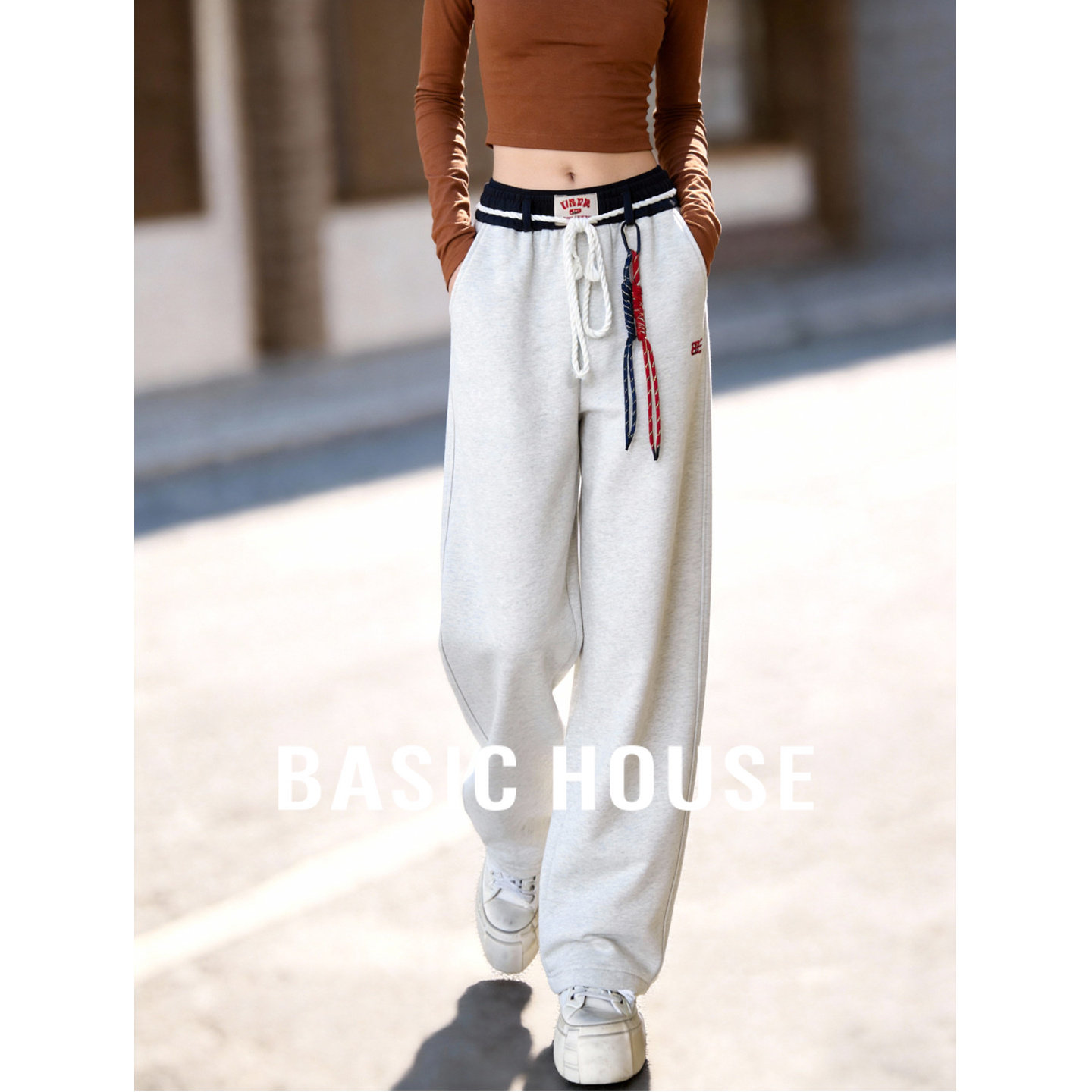 Basic House/百家好美式复古松紧腰绑带休闲裤新款高腰卫裤运动裤