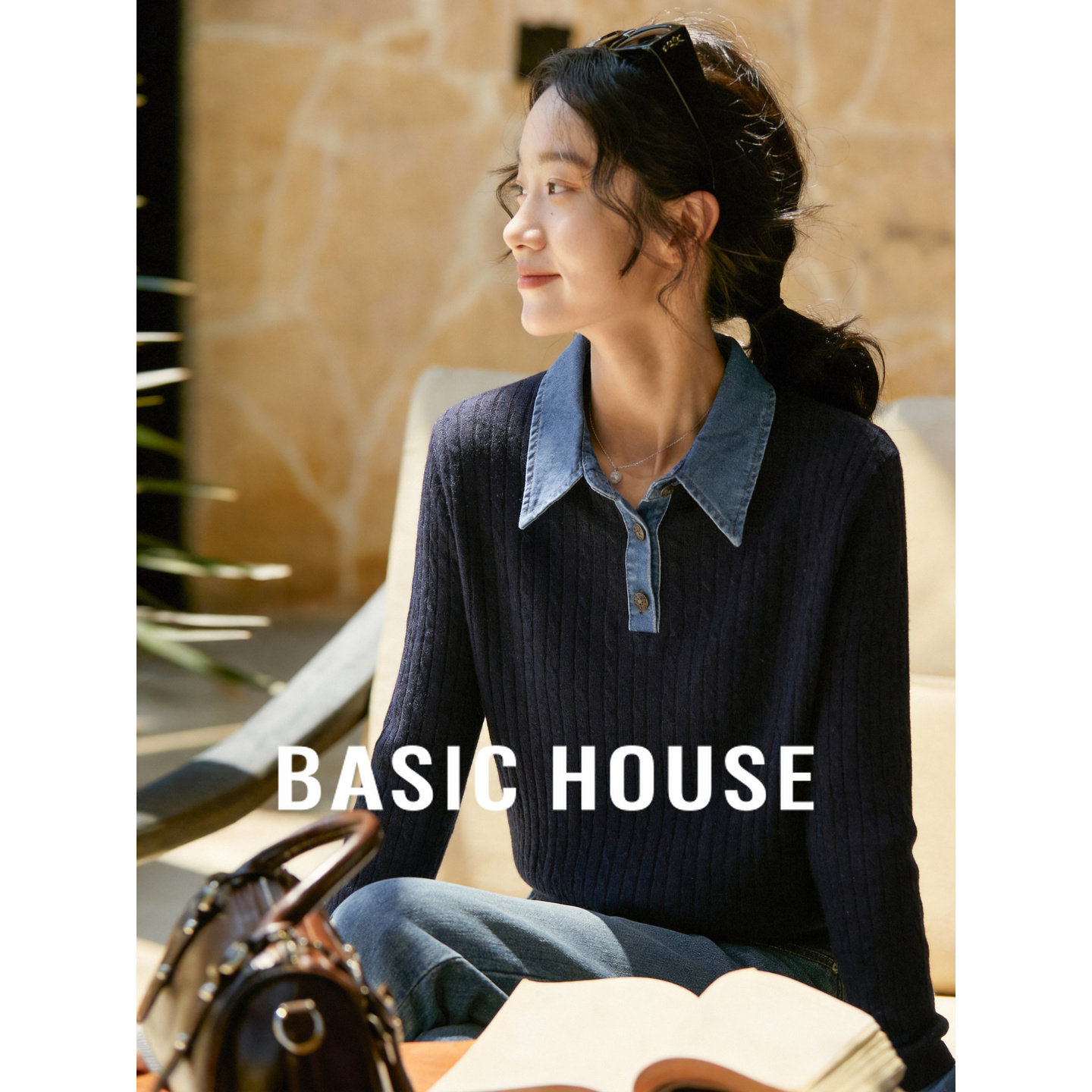 百家好假两件牛仔领拼翻领灰色针织衫女春季新款减龄打底内搭毛衫