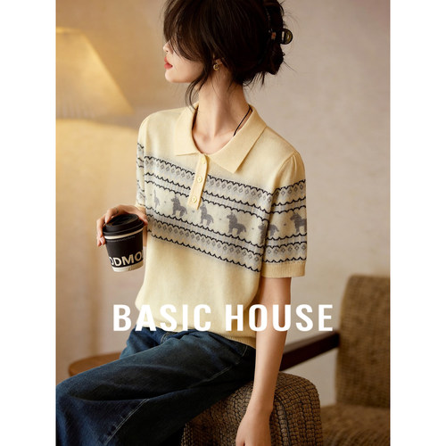 Basic House/百家好复古提花小翻领短袖针织衫莱赛尔亚麻短款上衣