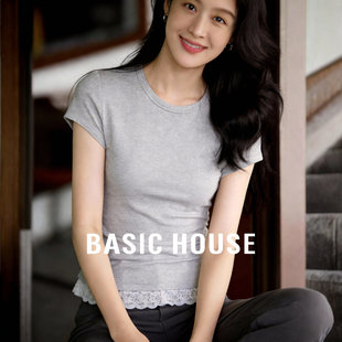 短袖 侧边抽褶蕾丝下摆修身 上衣甜辣风显瘦百搭T恤 新款 百家好春季