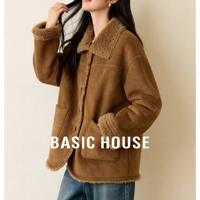 百家好仿麂皮拼接毛绒翻领短款保暖复古质感冬季叠穿人造毛皮外套