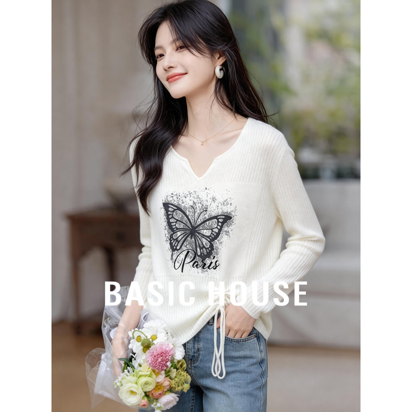 Basic House/百家好白色温柔长袖薄款针织衫女2026夏V领修身上衣