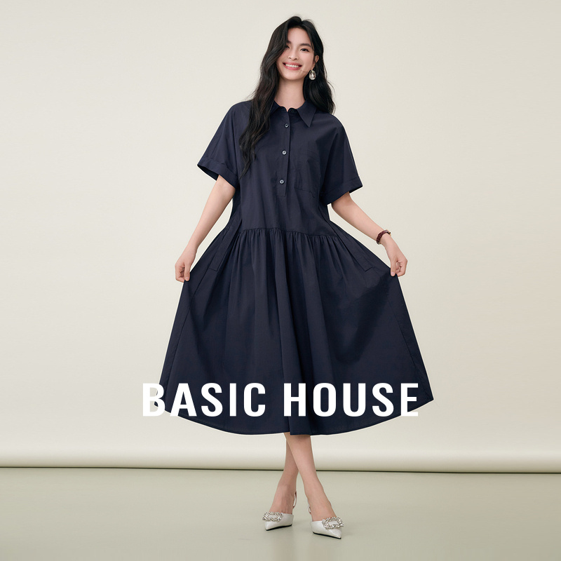 Basic House/百家好复古翻领短袖连衣裙夏季流行纯色A字中长裙女