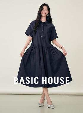 Basic House/百家好复古翻领短袖连衣裙夏季流行纯色A字中长裙女
