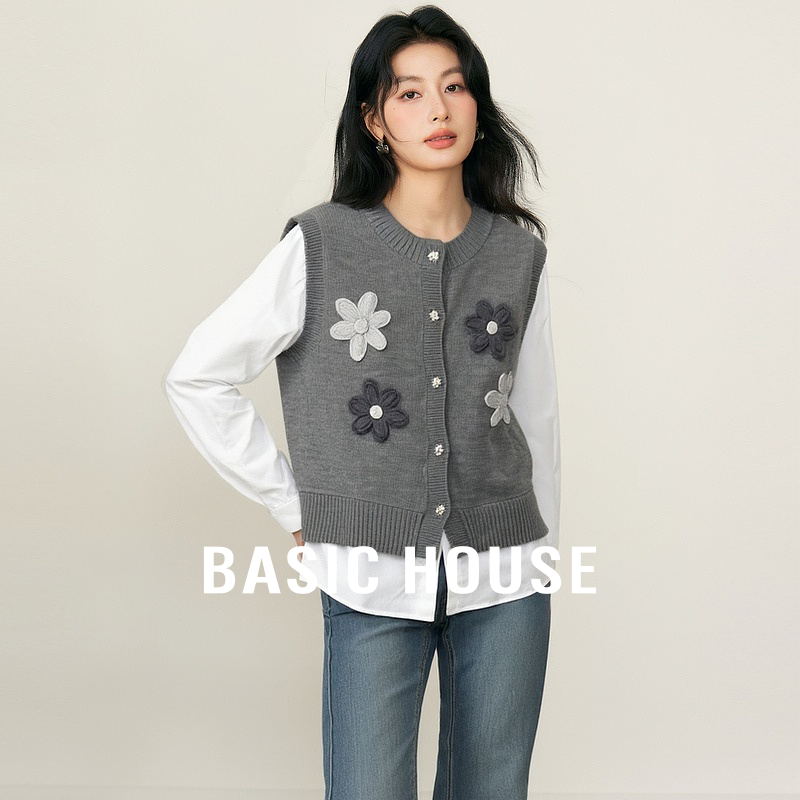 Basic House/百家好格雷系钩花假两件针织衫秋季新款立体拼接上衣