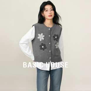 秋季 Basic House 百家好格雷系鉤花假兩件針織衫 立體拼接上衣 新款