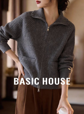 Basic House/百家好翻领灰色毛衣女春新款绵羊毛针织毛衫开衫外套