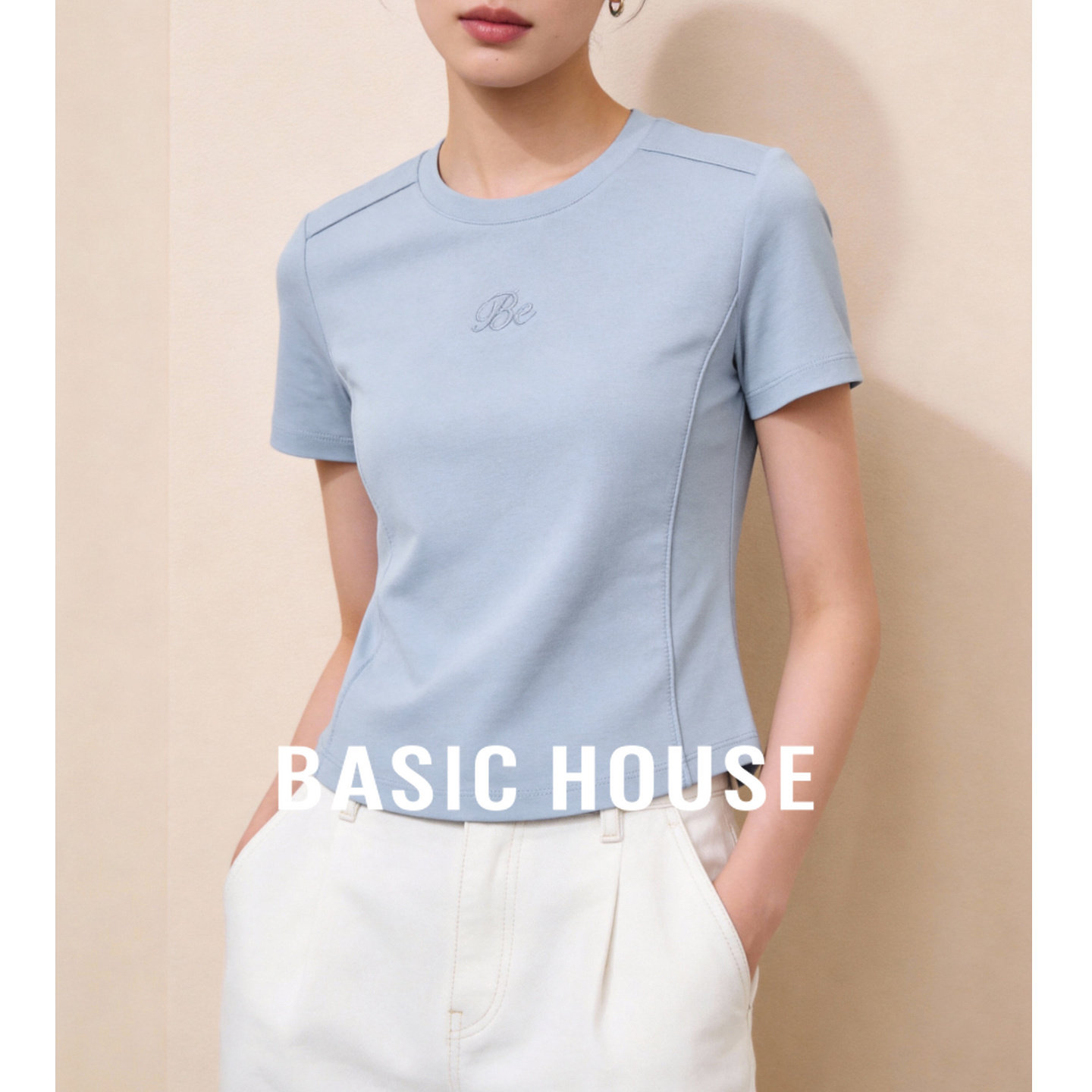 Basic House/百家好撞色圆领短袖T恤女2026修身显瘦刺绣正肩上衣