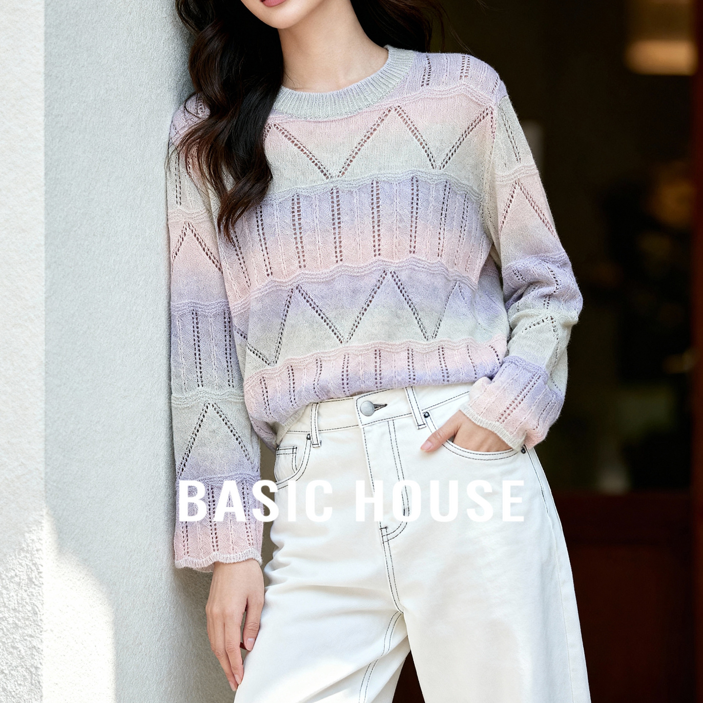 Basic House/百家好渐变色镂空针织衫女25秋季慵懒风温柔短款上衣