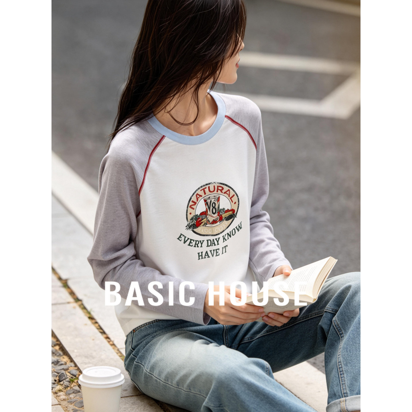 Basic House/百家好美式印花撞色套头针织衫春季流行插肩袖上衣女