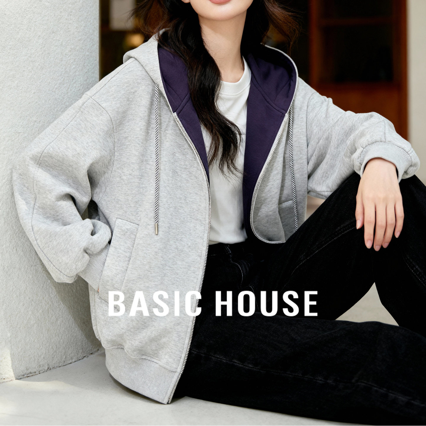 百家好撞色连帽开衫卫衣女春季2026新款韩式慵懒宽松外套拉链上衣