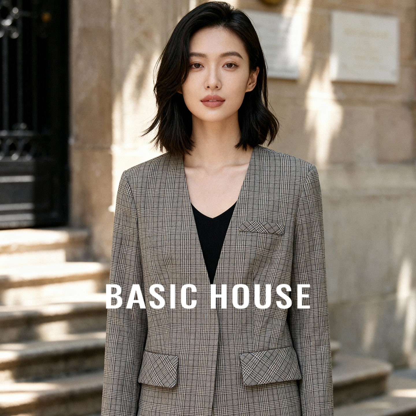 Basic House/百家好格纹复古休闲时尚秋季新款通勤气质西装外套女