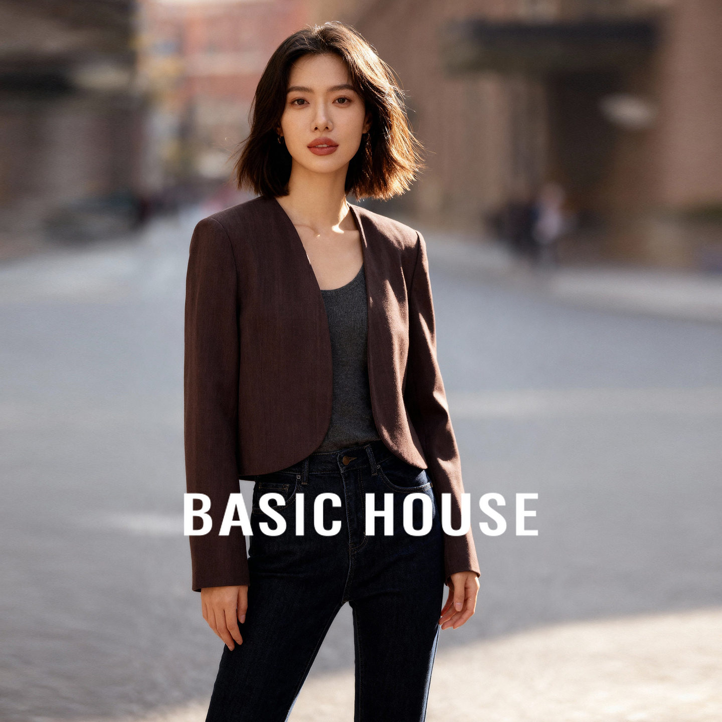 Basic House/百家好休闲气质经典百搭秋季新款无领短款西装外套女